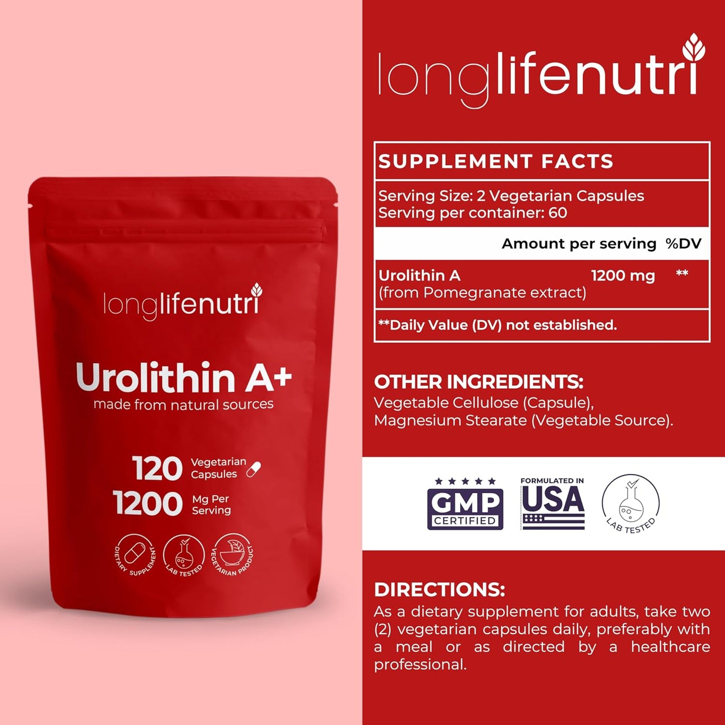 LongLifeNutri Urolithin A 1200mg – Postbiotic Food Supplement, 120 Vegan Capsules - görsel 2