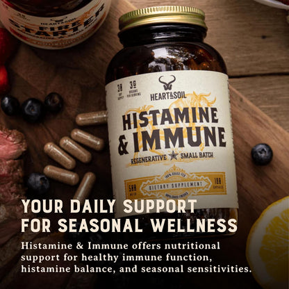 HEART & SOIL – 100% Grass Fed & Finished Histamine & Immune Support Supplement with Thymus, Lung, Spleen, Liver, & Kidney – Immune Defence – Glass Bottle – 180 Capsules