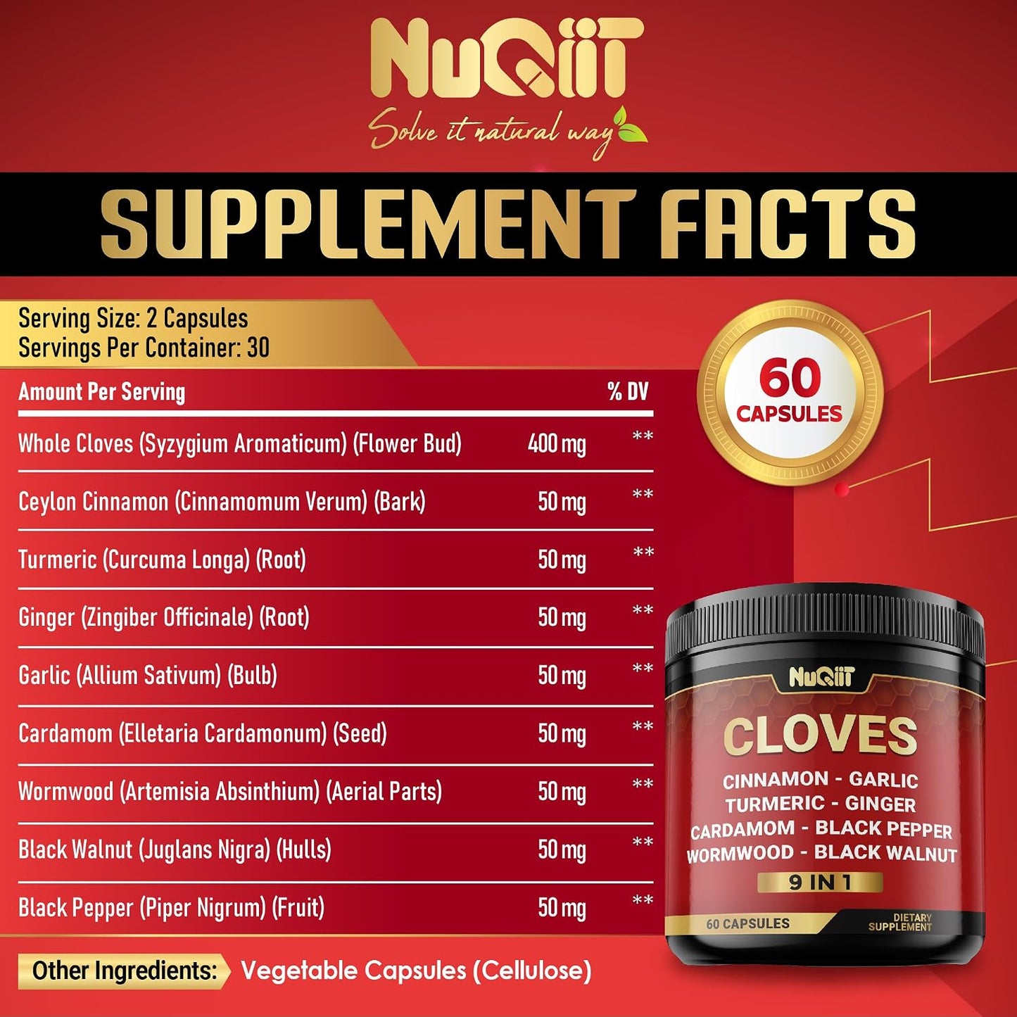 9in1 Clove Supplement Rich in Vitamins & Minerals for Digestive, Immune System, Bone & Heart Health with Cinnamon, Turmeric, Ginger, Cardamom, Garlic, Wormwood, Black Walnut - 60 Capsules - 30 Days - görsel 2