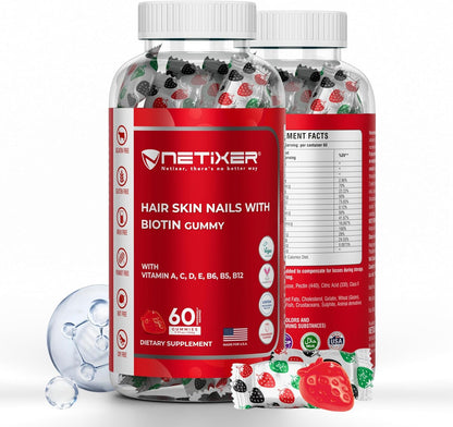 Biotin Gummies 5000 mcg | Multivitamin Gummies | Vitamins A C D E B6 B12 with Zinc | Strawberry Flavour | Vegan | Individually Wrapped | 60 Count