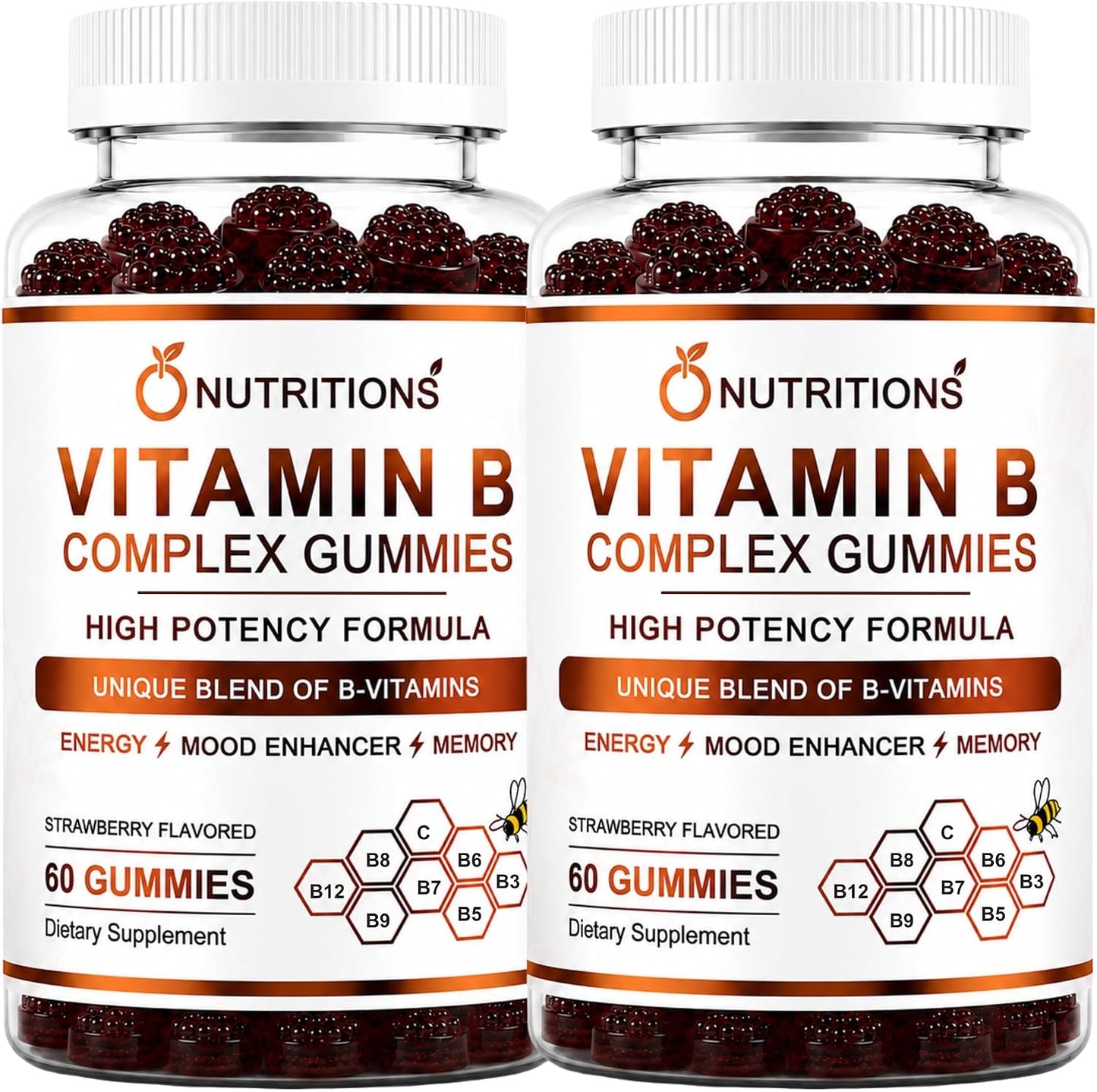O NUTRITIONS Vitamin B Complex Gummies for Women & Men - Vitamin B12, Biotin, Folate, Vitamin C - Energy, Mood, Memory & Focus Support - Hair, Skin & Nails - Vegan Strawberry Gummies, 120 Count - görsel 1