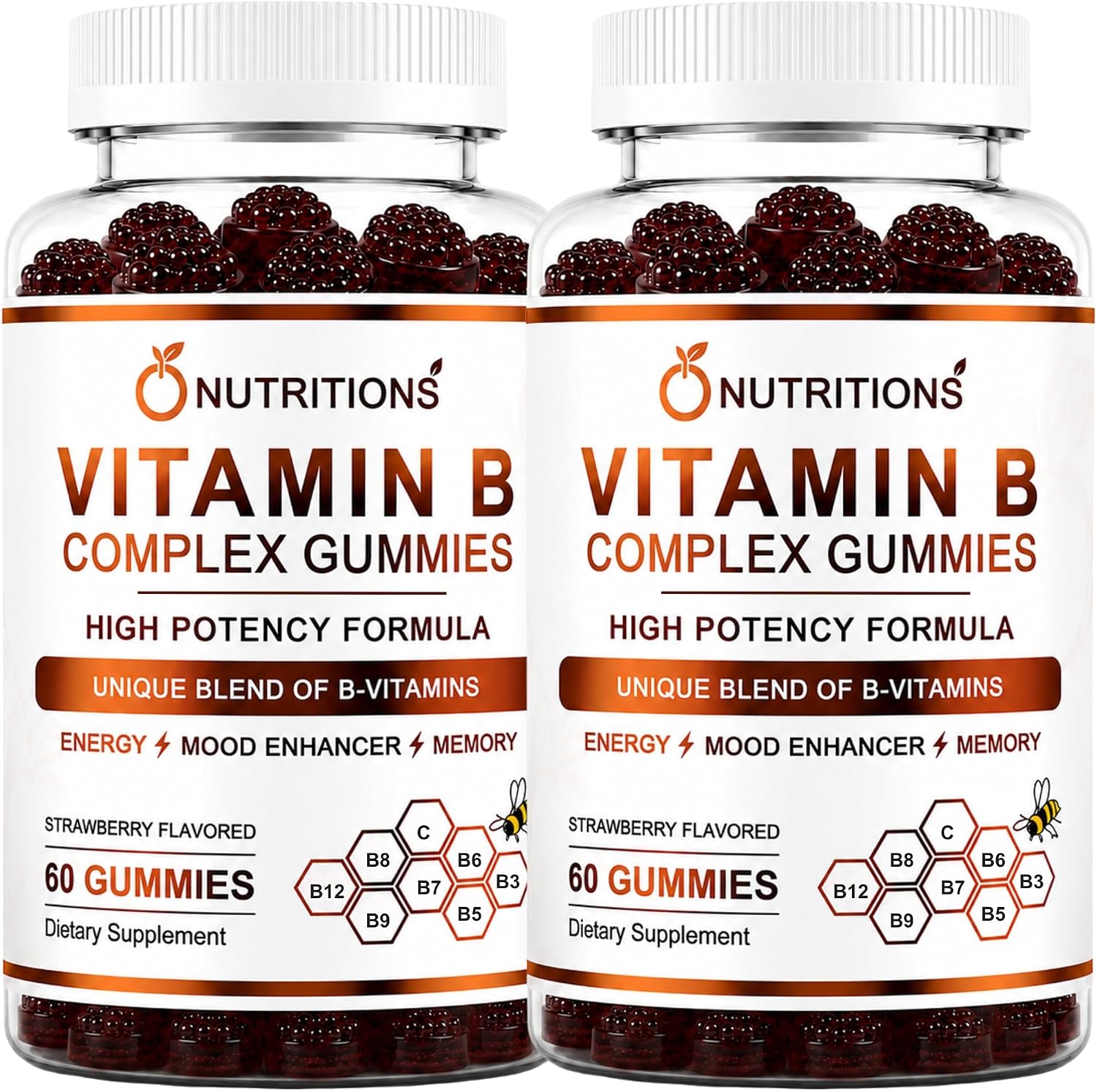 O NUTRITIONS Vitamin B Complex Gummies for Women & Men - Vitamin B12, Biotin, Folate, Vitamin C - Energy, Mood, Memory & Focus Support - Hair, Skin & Nails - Vegan Strawberry Gummies, 120 Count - görsel 1