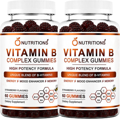 O NUTRITIONS Vitamin B Complex Gummies for Women & Men - Vitamin B12, Biotin, Folate, Vitamin C - Energy, Mood, Memory & Focus Support - Hair, Skin & Nails - Vegan Strawberry Gummies, 120 Count