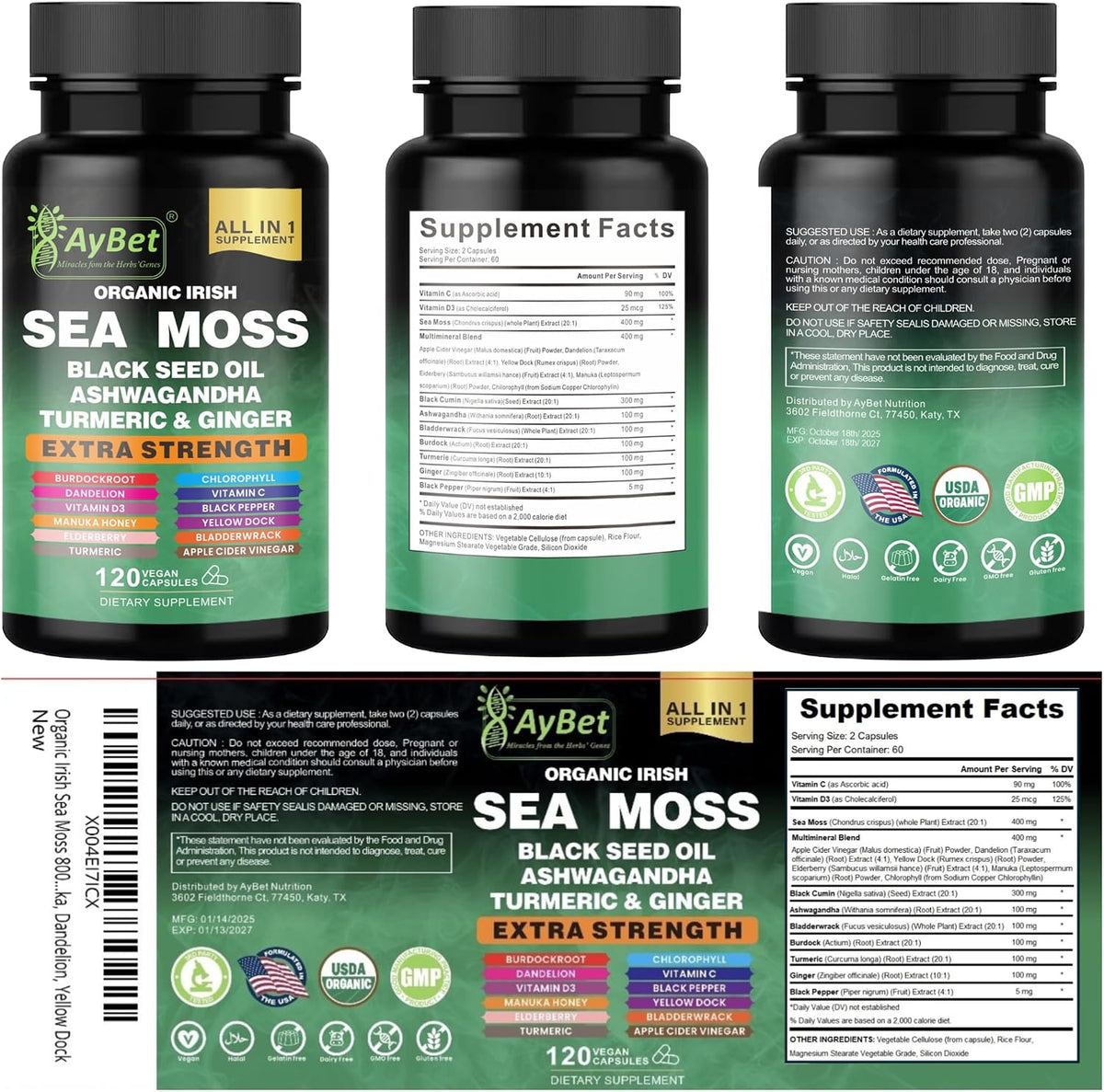 Organic Irish Sea Moss Capsules 120 Count – 16 in 1 Sea Moss Supplement with Black Seed Oil, Ashwagandha, Turmeric & Ginger, Bladderwrack & Burdock Root, Vitamin D3 – Organic, Vegan, Halal, Non-GMO - görsel 8