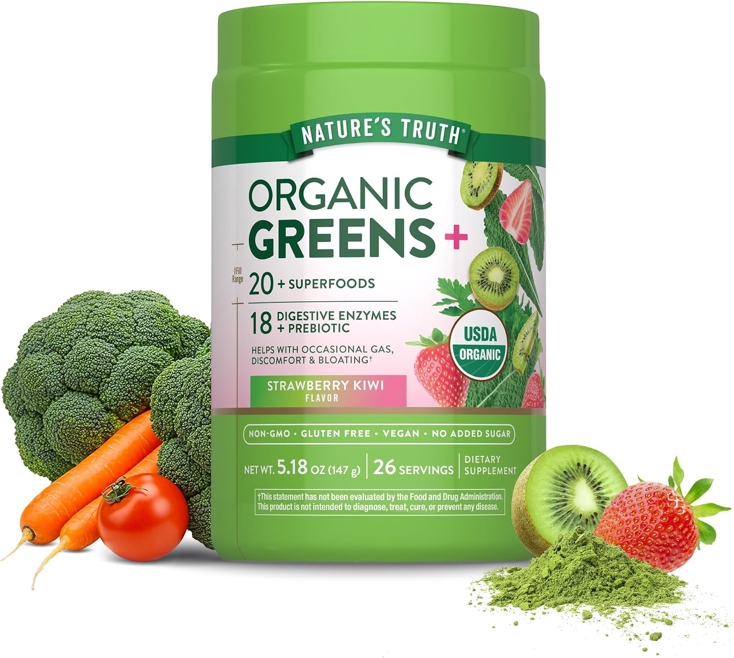 Nature's Truth Organic Greens Powder, Strawberry Kiwi, 147 g - görsel 1