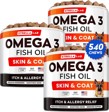 STRELLALAB Fish Oil Omega-3 6 9 Chews for Dogs - Allergy and Itch Relief - Skin and Coat Supplement - 360 Treats