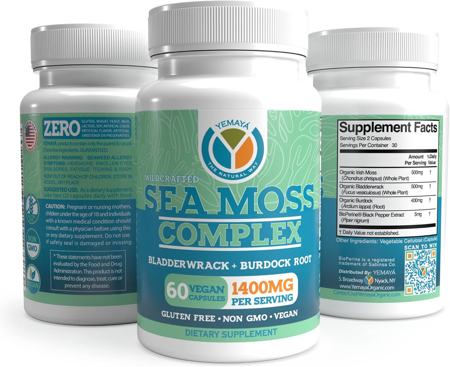Yemayá Organic Sea Moss Capsules with Bladderwrack and Burdock Root – Thyroid, Skin and Digestion Support, 60 Capsules - görsel 1