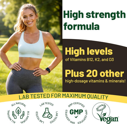 Vegan Vitality Multivitamin for Women and Men - High Strength B12, D3 & K2 - 180 Vegan Tablets