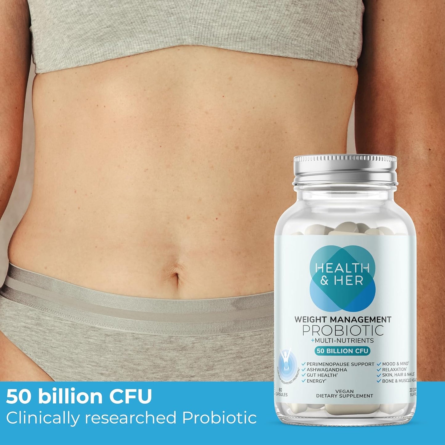 Health & Her Weight Management Probiotics for Women – Perimenopause & Menopause Supplement – Clinically Studied 50bn CFU Probiotics to Support Gut Health, Energy, Mood & Mind – Vegan (60 Capsules, One Month Supply) - görsel 4