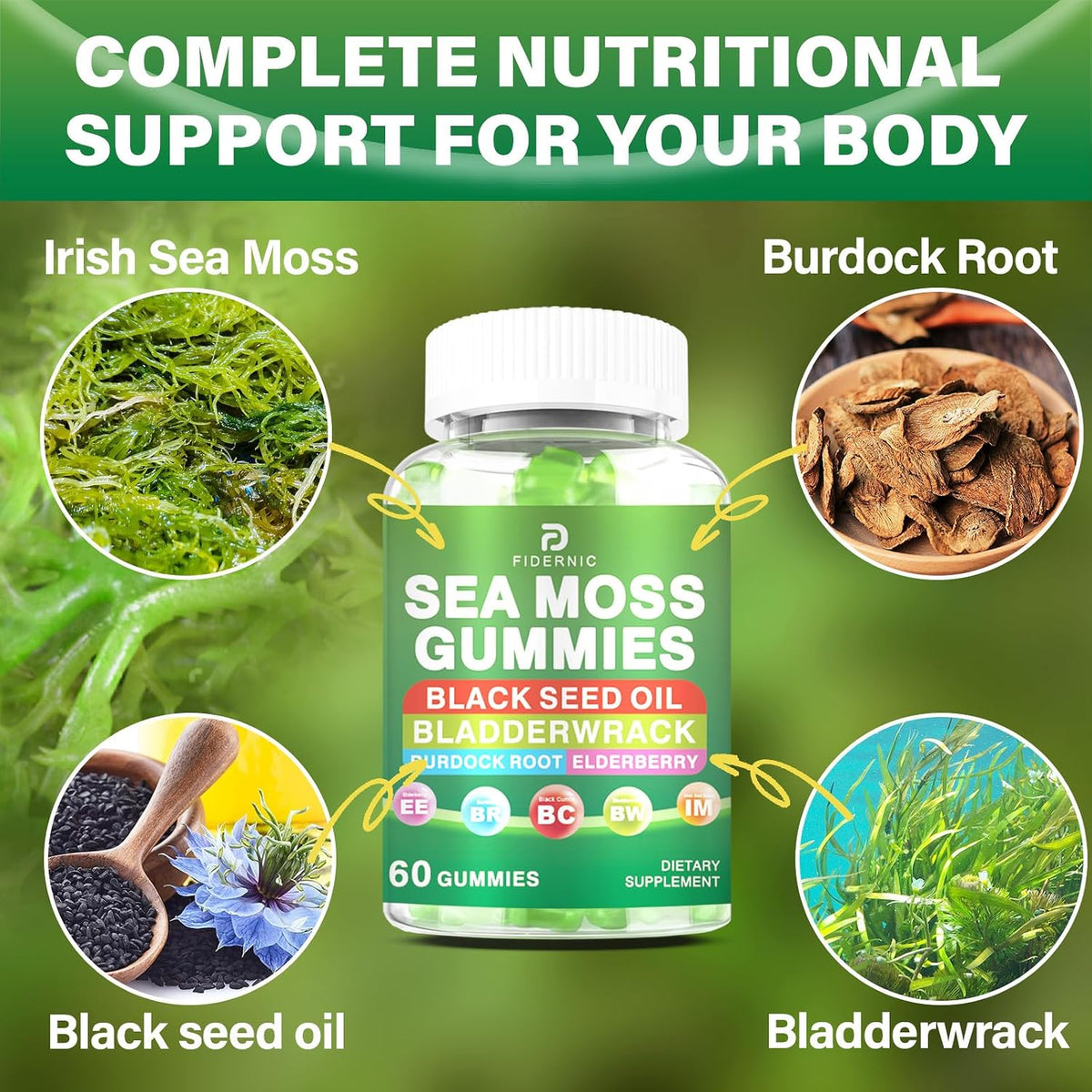 Sea Moss Gummies – Irish Sea Moss with Elderberry & Black Seed Oil, Bladderwrack, Burdock Root – Immune Health Support – Vegan Green Apple Flavour – 120 Gummies - görsel 4