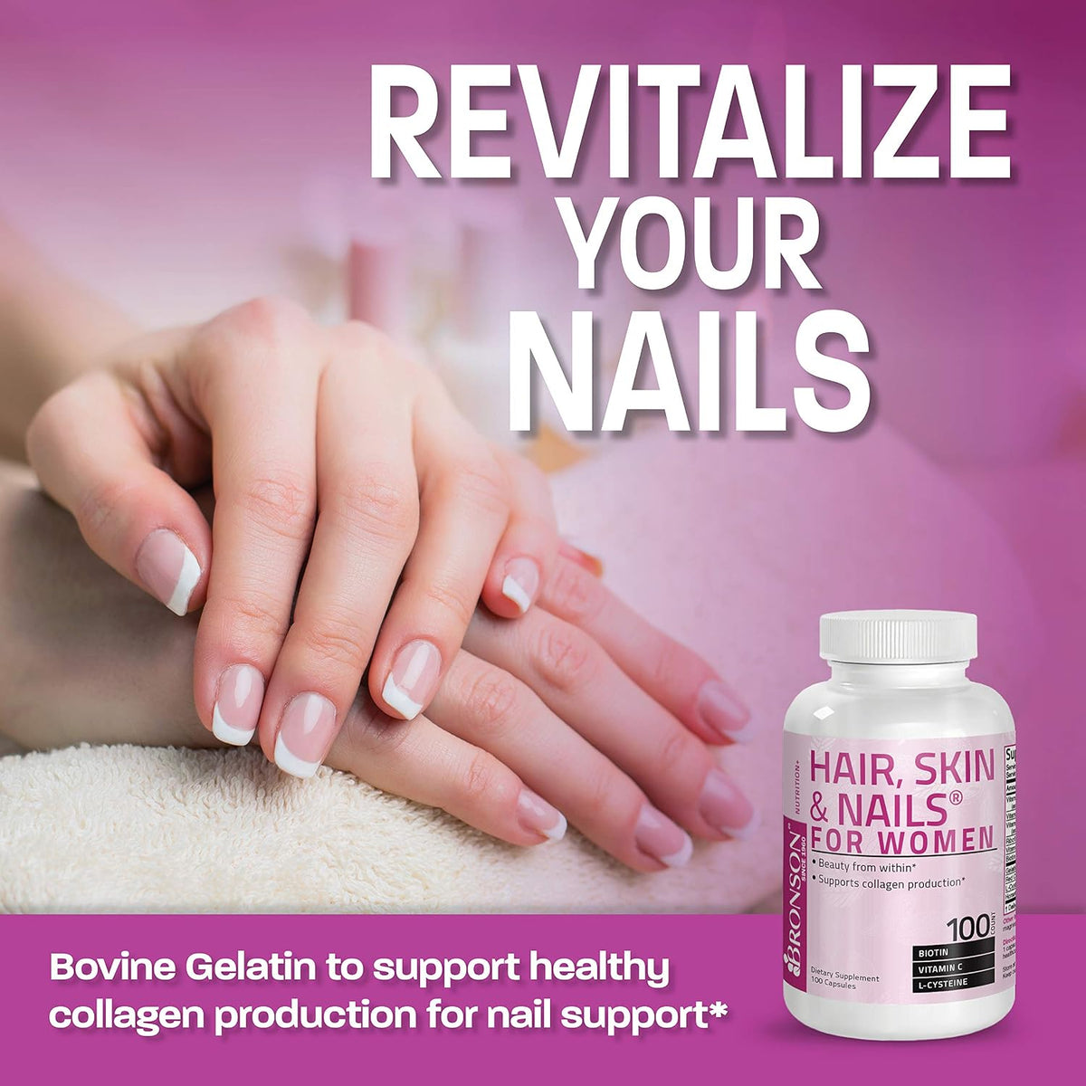 Bronson Hair, Skin & Nails with Biotin Extra Strength - 100 Capsules - görsel 3