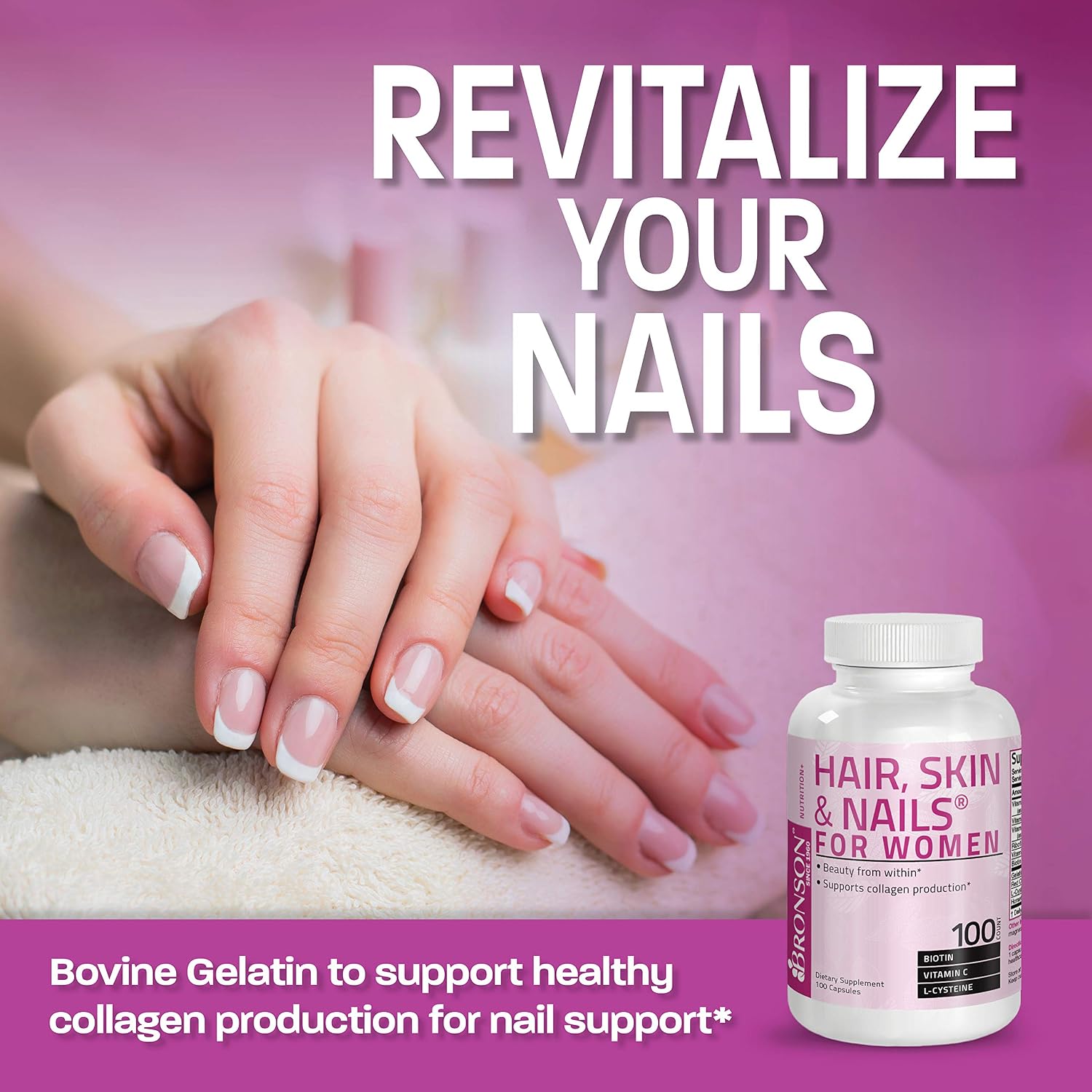 Bronson Hair, Skin & Nails with Biotin Extra Strength - 100 Capsules - görsel 3