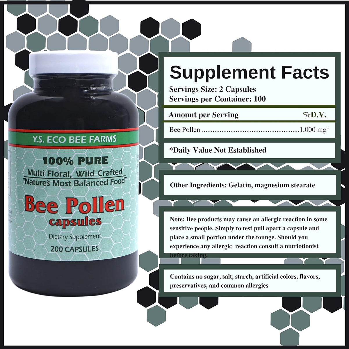 Y.S. Eco Bee Farms 100% Pure Wild Crafted Bee Pollen Capsules (200 Capsules) - görsel 2