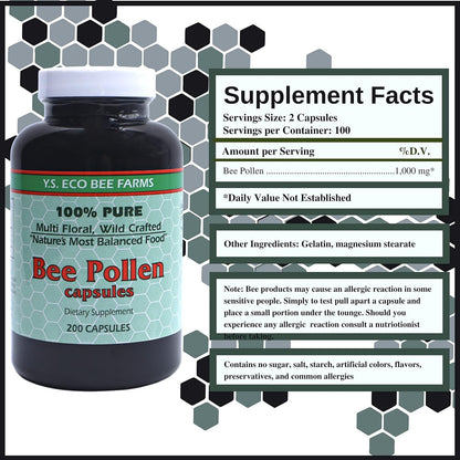 Y.S. Eco Bee Farms 100% Pure Wild Crafted Bee Pollen Capsules (200 Capsules)