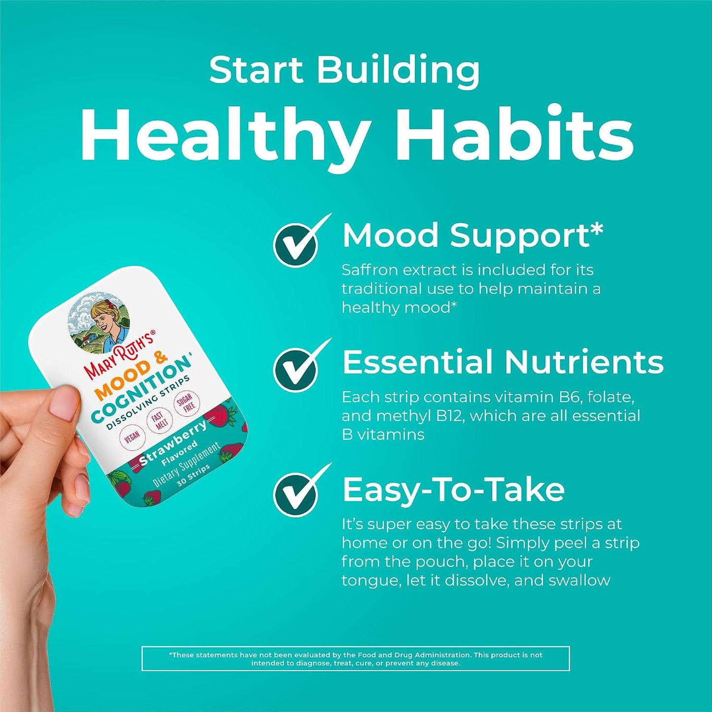Mood & Cognition Dissolving Strips by MaryRuth's | Vitamin B12 | Vitamin B6 | Saffron | Folate | B Vitamins | Sugar Free | Strawberry Flavour | Vegan | Gluten-free | Dairy-free | 30 Strips - görsel 5