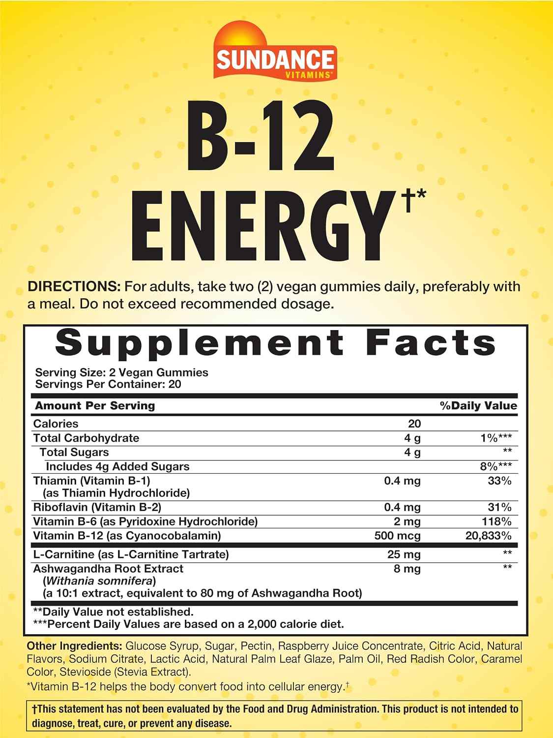 Sundance Vitamins B-12 Energy Gummies | Peach Raspberry Flavour | 40 Gummies | Vegan | Non-GM and Gluten-free - görsel 2