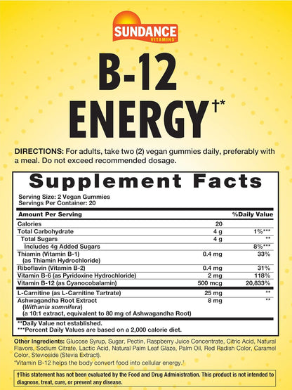 Sundance Vitamins B-12 Energy Gummies | Peach Raspberry Flavour | 40 Gummies | Vegan | Non-GM and Gluten-free