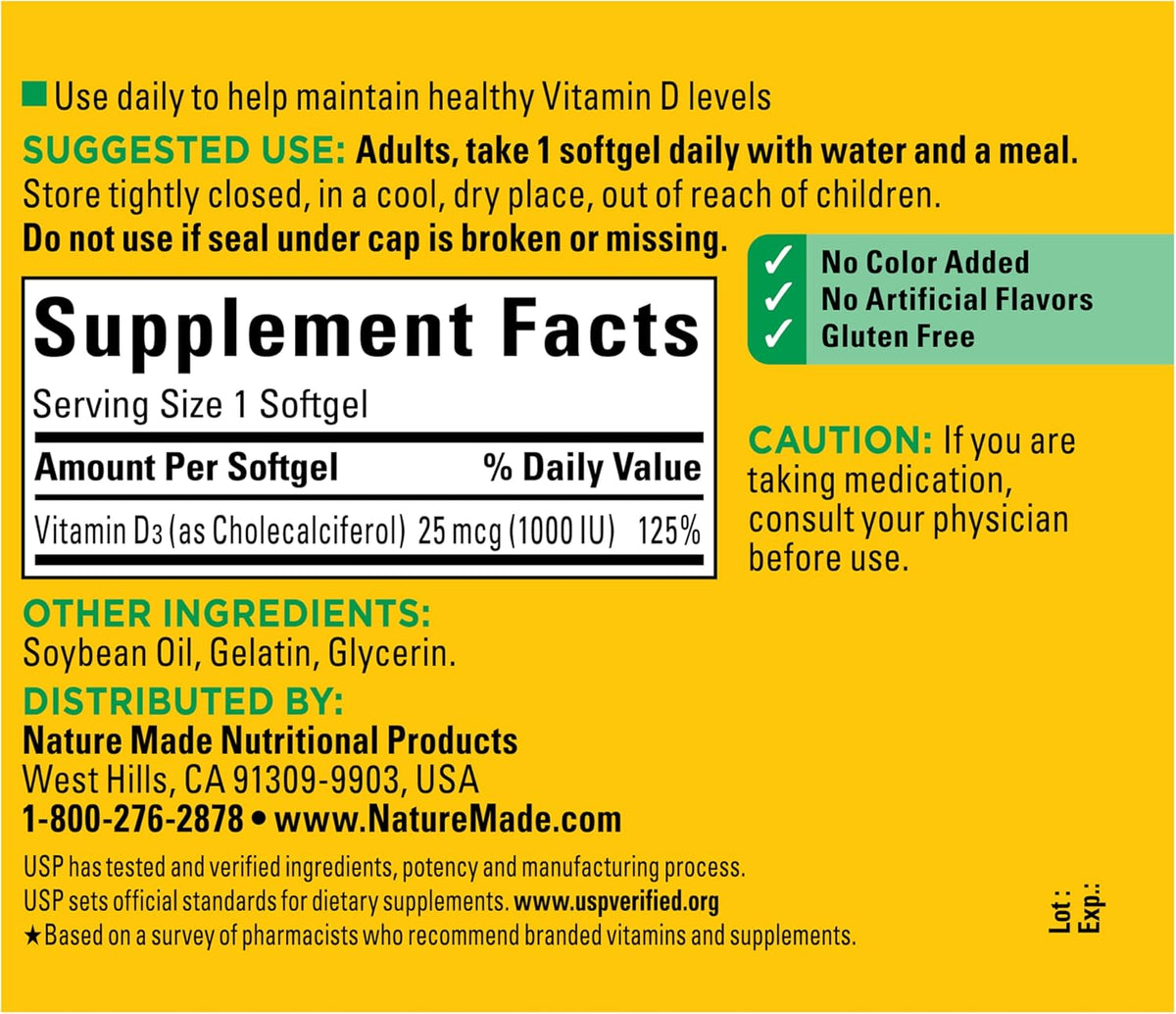 Nature Made Vitamin D3 1000 IU (25 mcg) Supplement, 180 Softgels - görsel 6