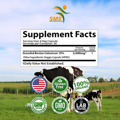 Grass-Fed Beef Colostrum Food Supplement (3000 mg, 180 Capsules)