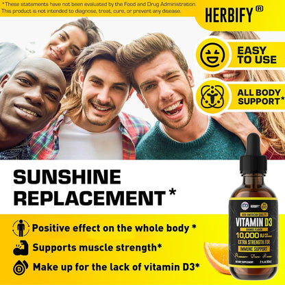HERBIFY Vitamin D3 10000 IU Liquid Drops – Immune and Bone Health – 60 ml