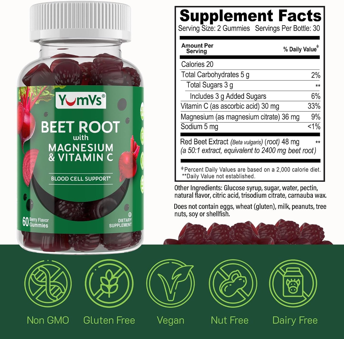 YumVs Beet Root Gummies with Magnesium & Vitamin C – Berry Flavour – Nitric Oxide Support for Heart Health & Antioxidant Wellness – Vegan, Non-GMO – 60 Gummies - görsel 5