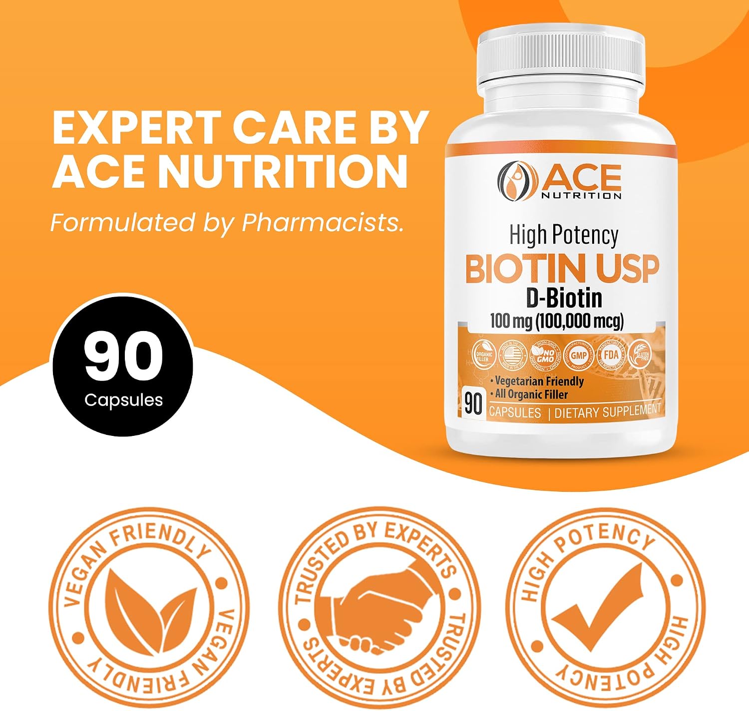 Ace Nutrition High Potency Biotin 100,000 mcg – D-Biotin USP, Vegetarian Capsules for Hair, Skin and Myelin Health – 90 Count - görsel 4