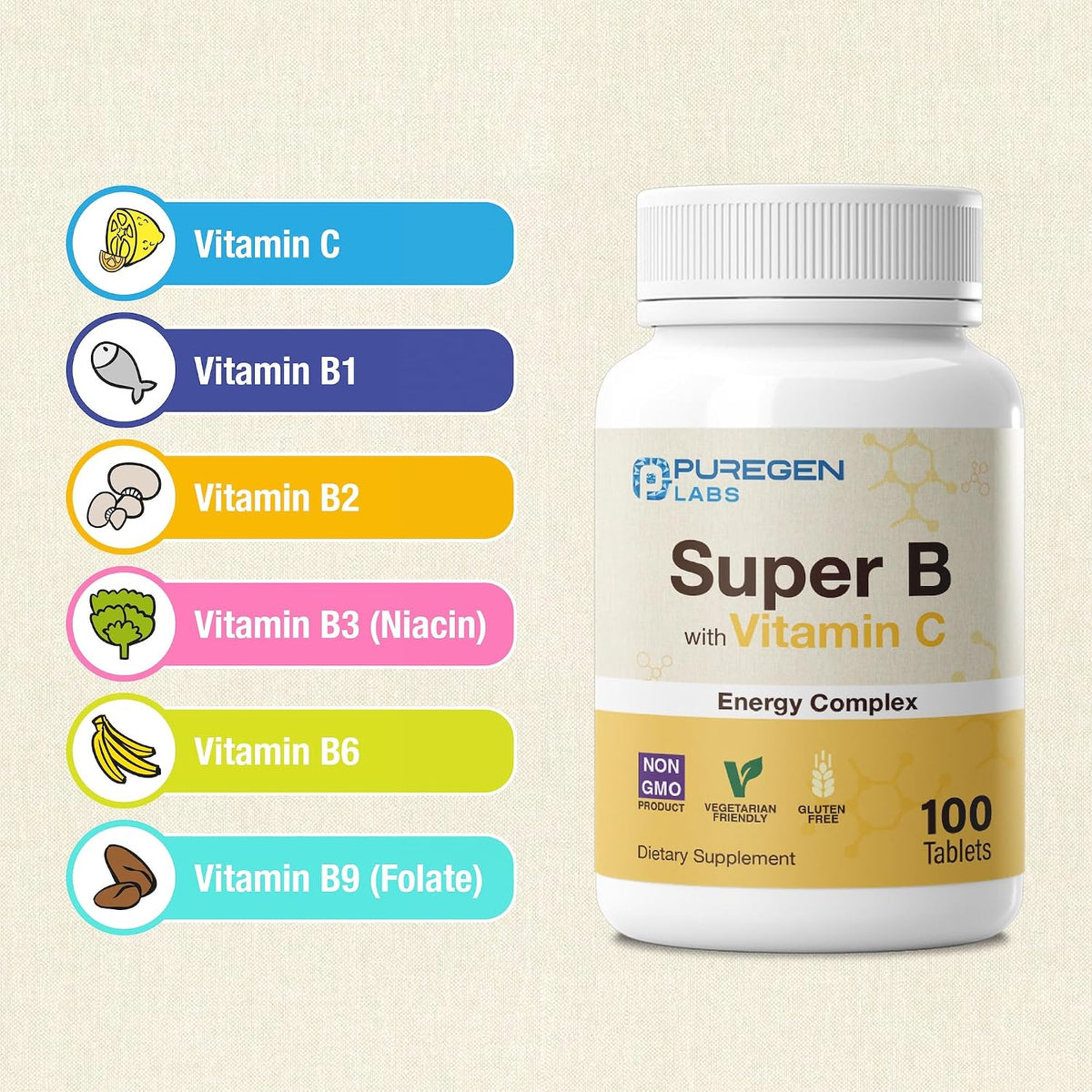 Puregen Labs Super B Energy Complex with Vitamin C - Immune Health, Energy & Nervous System Support - Non-GMO, Gluten-Free 100 Vegetarian Tablets - görsel 3