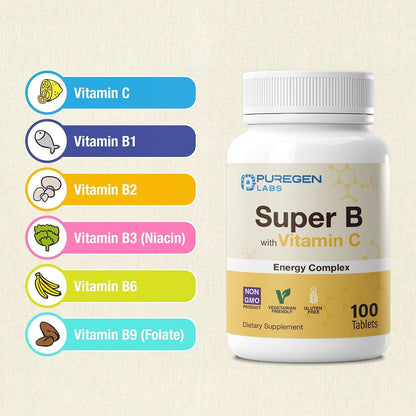 Puregen Labs Super B Energy Complex with Vitamin C - Immune Health, Energy & Nervous System Support - Non-GMO, Gluten-Free 100 Vegetarian Tablets