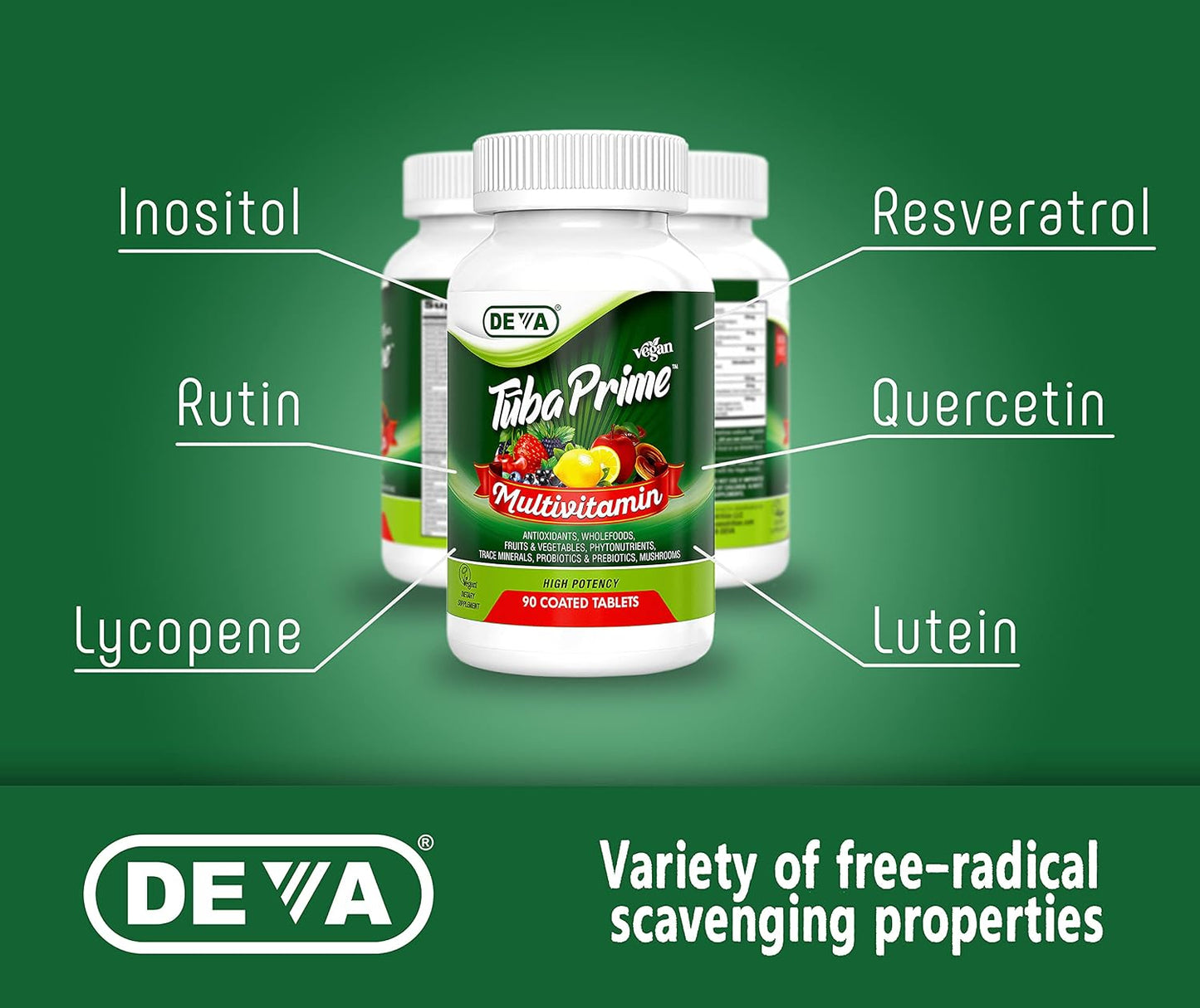 DEVA Tuba Prime Vegan Multivitamin – High-Potency Vitamin and Mineral Food Supplement with Antioxidants, Fruits, Vegetables, Super Mushrooms, Probiotics, Prebiotics, Seeds, Herbs – 90 Tablets - görsel 6