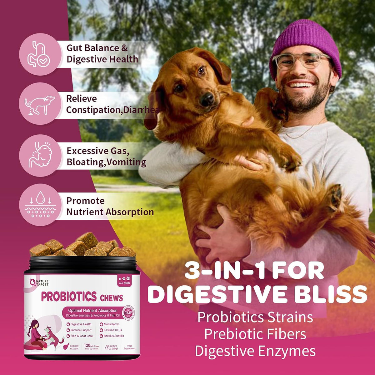 NATURE TARGET Probiotics for Dogs, 120 Soft Chews, Chicken Flavour | Plus Digestive Enzymes & Prebiotic for Digestive Health, Fish Oil & Vitamins Supplement for Allergies & Immune & Itchy Skin - görsel 2