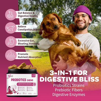 NATURE TARGET Probiotics for Dogs, 120 Soft Chews, Chicken Flavour | Plus Digestive Enzymes & Prebiotic for Digestive Health, Fish Oil & Vitamins Supplement for Allergies & Immune & Itchy Skin