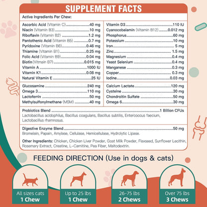 Dog Multivitamin, Dog Vitamins and Supplements, Multivitamin for Dogs with Glucosamine, Probiotics & Omega-3 for Joint, Digestive, Skin, Coat and Immune Health, Chicken Flavour - 180 Bites