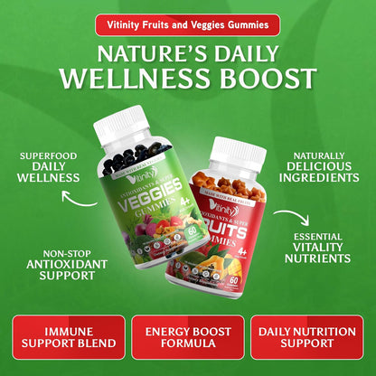 VITINITY Fruit and Veg Supplement Gummies – Real Greens & Fruits, Vegan, 60 Gummies