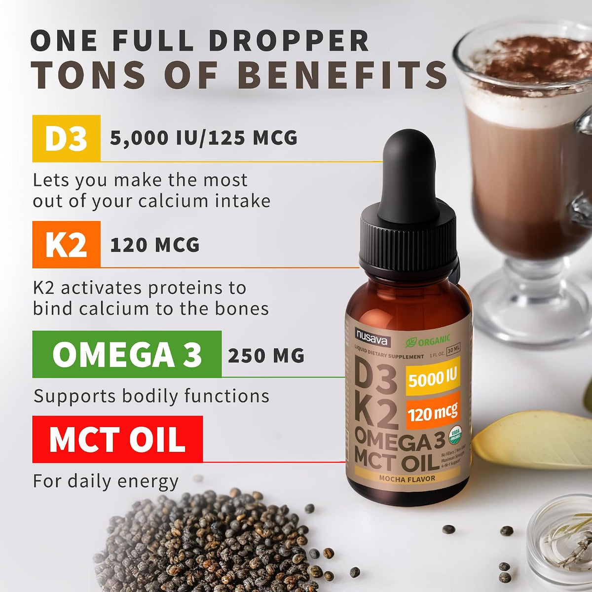 (2 Pack) Organic Vitamin D3 K2 Drops with MCT Oil & Omega 3 - Liquid Vitamin D3 5000 IU - K2 D3 Vitamin Supplement - Vitamin D Drops for Women & Men - No Fillers, Non-GMO, GMP, Mocha Flavour (2 Fl Oz) - görsel 3