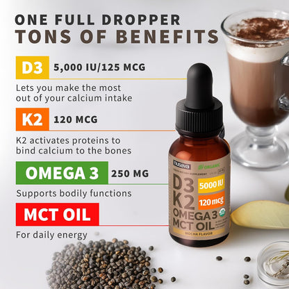 (2 Pack) Organic Vitamin D3 K2 Drops with MCT Oil & Omega 3 - Liquid Vitamin D3 5000 IU - K2 D3 Vitamin Supplement - Vitamin D Drops for Women & Men - No Fillers, Non-GMO, GMP, Mocha Flavour (2 Fl Oz)