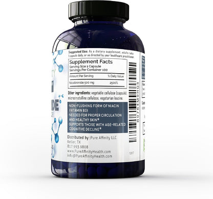 Pure Affinity B3 Nicotinamide 500 mg – Flush-Free Niacin, 100 Capsules