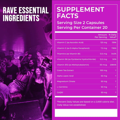 Pre-Rave Supplement - 5-HTP Free Rave Vitamins with CoQ10, Magnesium, Green Tea - Festival Essentials for Energy, Wellness & Jaw Support - 40 Capsules