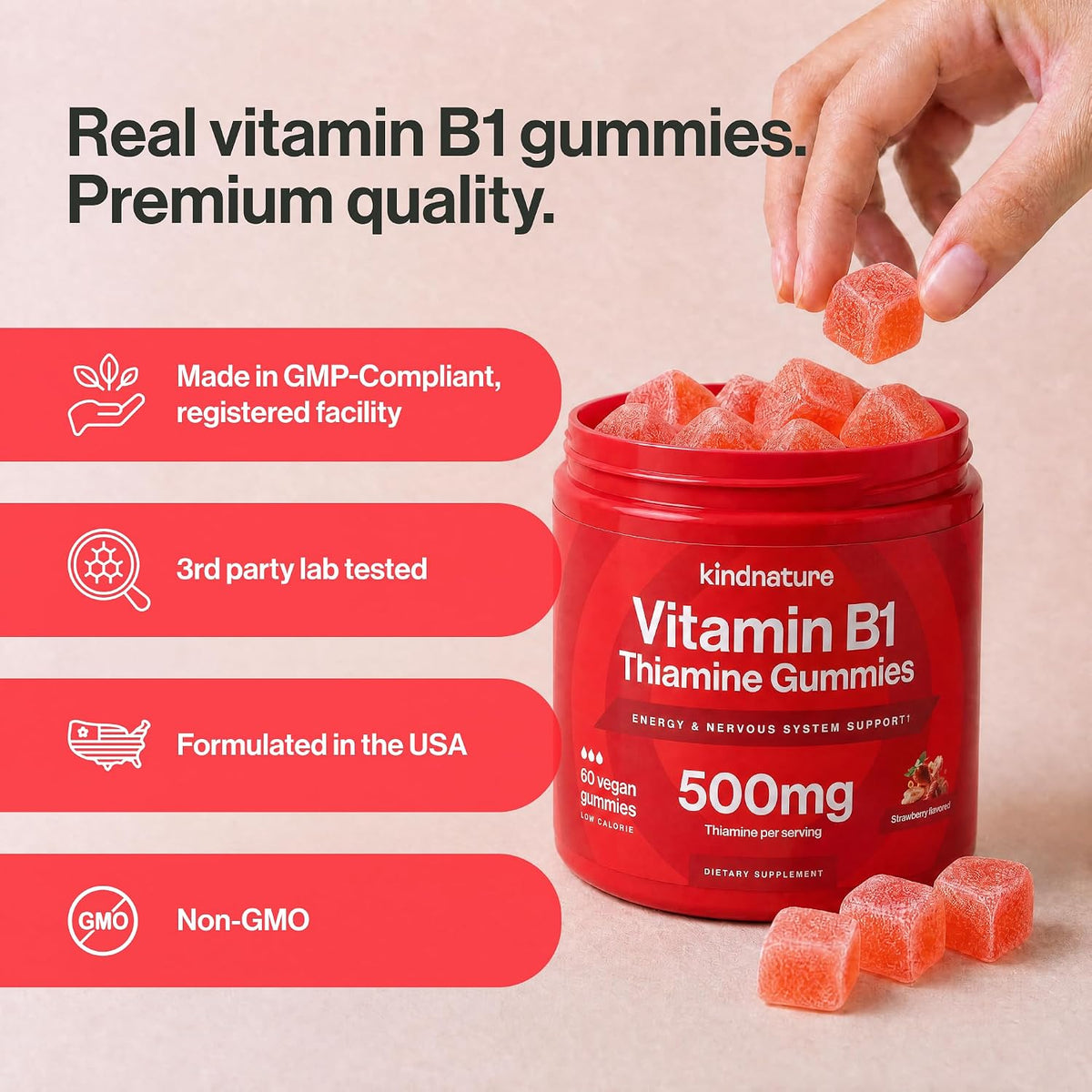 kindnature Vitamin B1 Gummies 500mg – High Potency Thiamine Supplement for Energy, Focus & Nervous System – Vegan, Non-GMO Chewable B1 Vitamins for Adults & Kids – Natural Strawberry Flavour – 60 Ct - görsel 7