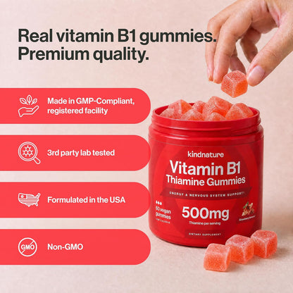 kindnature Vitamin B1 Gummies 500mg – High Potency Thiamine Supplement for Energy, Focus & Nervous System – Vegan, Non-GMO Chewable B1 Vitamins for Adults & Kids – Natural Strawberry Flavour – 60 Ct