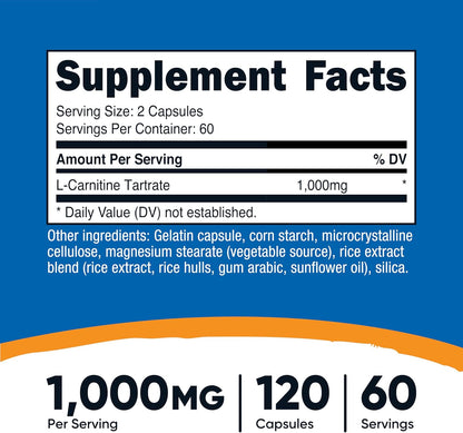 Nutricost L-Carnitine Tartrate 1000mg, 120 Capsules