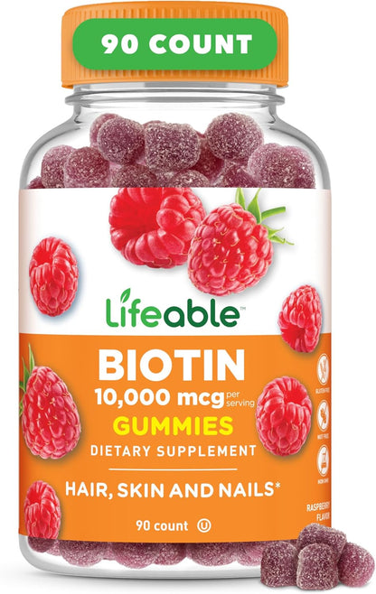 Lifeable Biotin Gummies, 10,000mcg, Hair, Skin & Nails Supplement, 90 Gummies