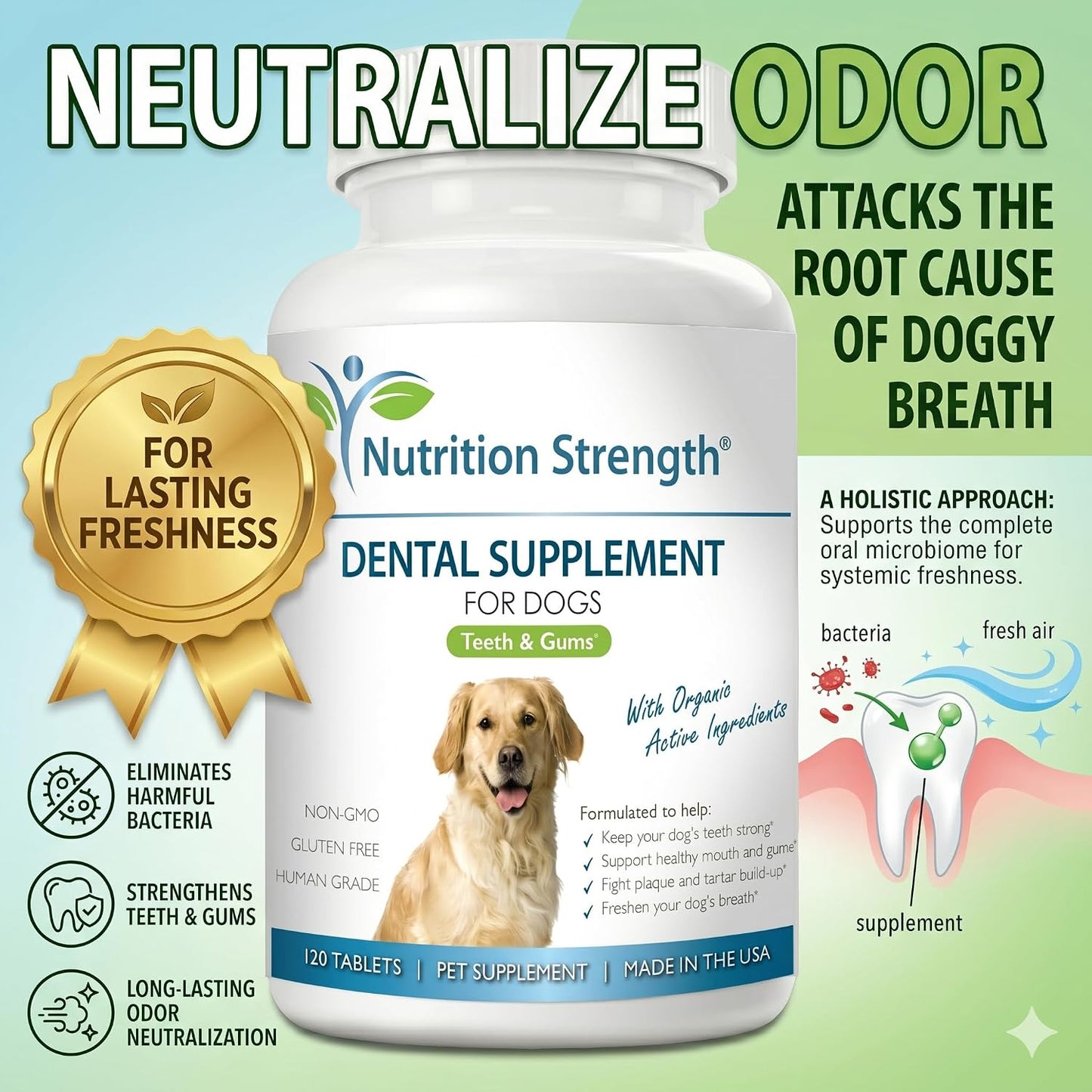 Nutrition Strength Dental Care for Dogs - Natural Plaque and Tartar Remover for Teeth - Breath Freshening Dog Supplement with Organic Kelp, Strawberry Leaf and Pumpkin Seed for Gum Health - 120 Tablets - görsel 5