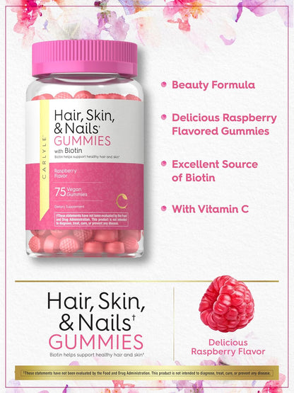 Carlyle Hair, Skin and Nails Gummies with Biotin 2500mcg, Vitamin C & E - Raspberry Flavour, 75 Count