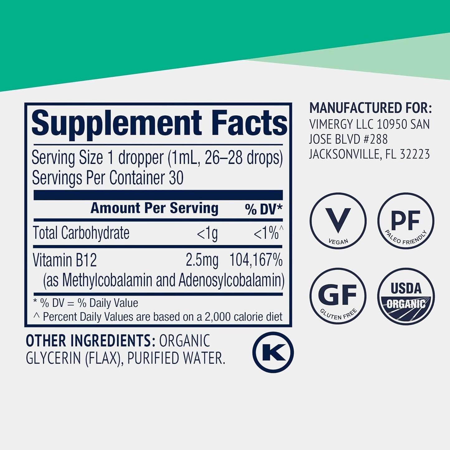 Vimergy USDA Organic Liquid Vitamin B12 Supplement – 2500 mcg, Methylcobalamin & Adenosylcobalamin - görsel 5