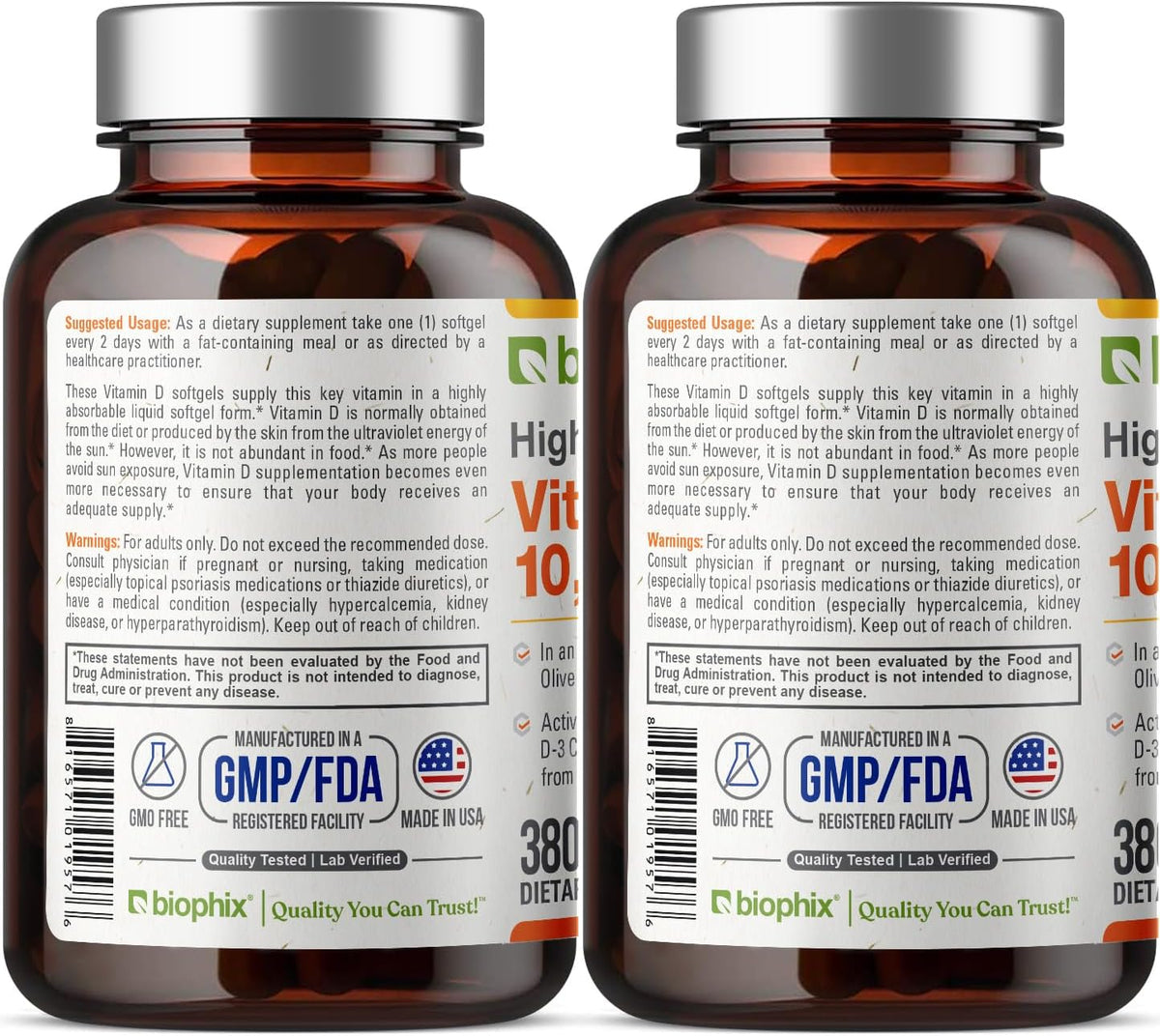 biophix Vitamin D-3 10000 IU - 380 Softgels (2 Pack) - High Potency with Extra Virgin Olive Oil, Non-GMO, Soya-Free - görsel 3