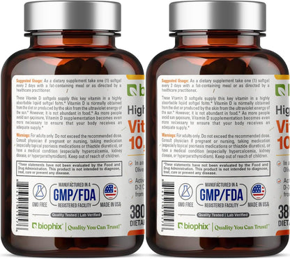 biophix Vitamin D-3 10000 IU - 380 Softgels (2 Pack) - High Potency with Extra Virgin Olive Oil, Non-GMO, Soya-Free