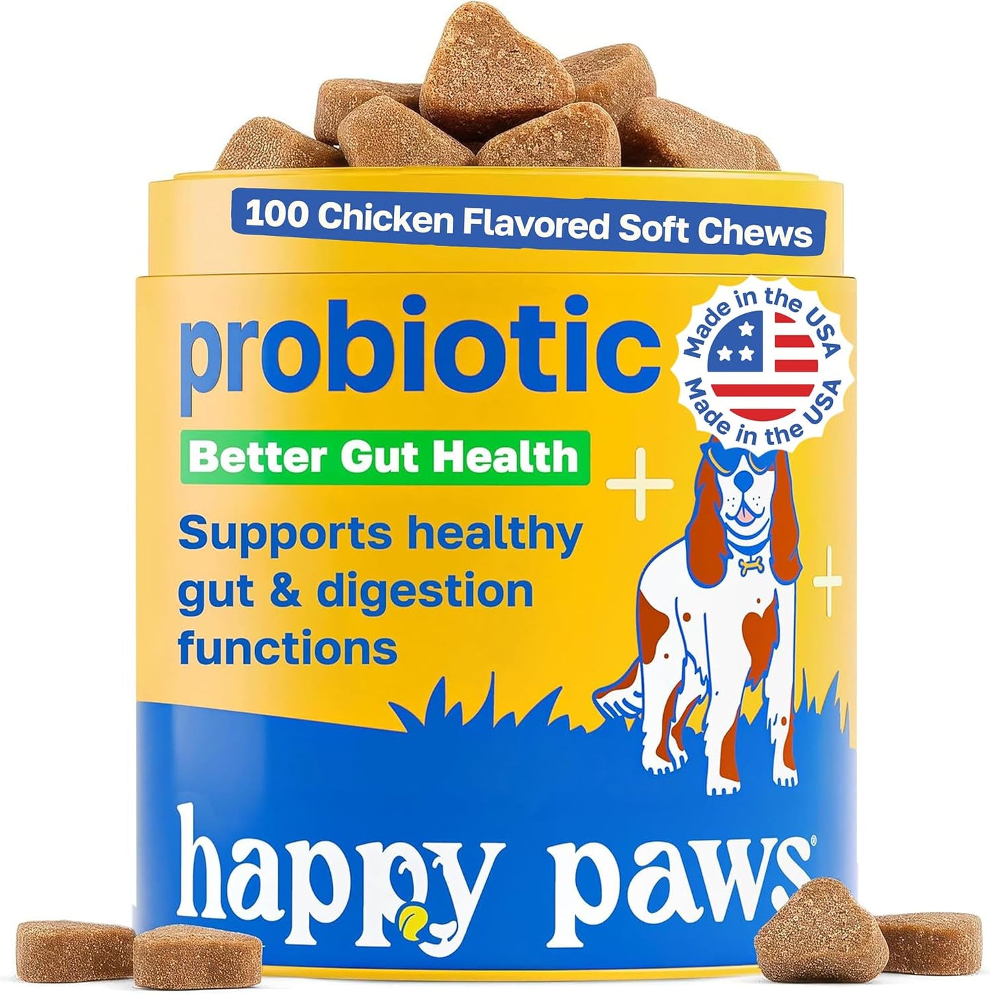 Happy Paws Probiotics for Dogs, Gut Health, Skin, Coat & Immune Support Supplement for All Breeds & Ages, Made with Coconut Oil & Vitamin E, Vegan Chicken Flavour, Organic, Non-GMO, 100 Soft Chews - görsel 1