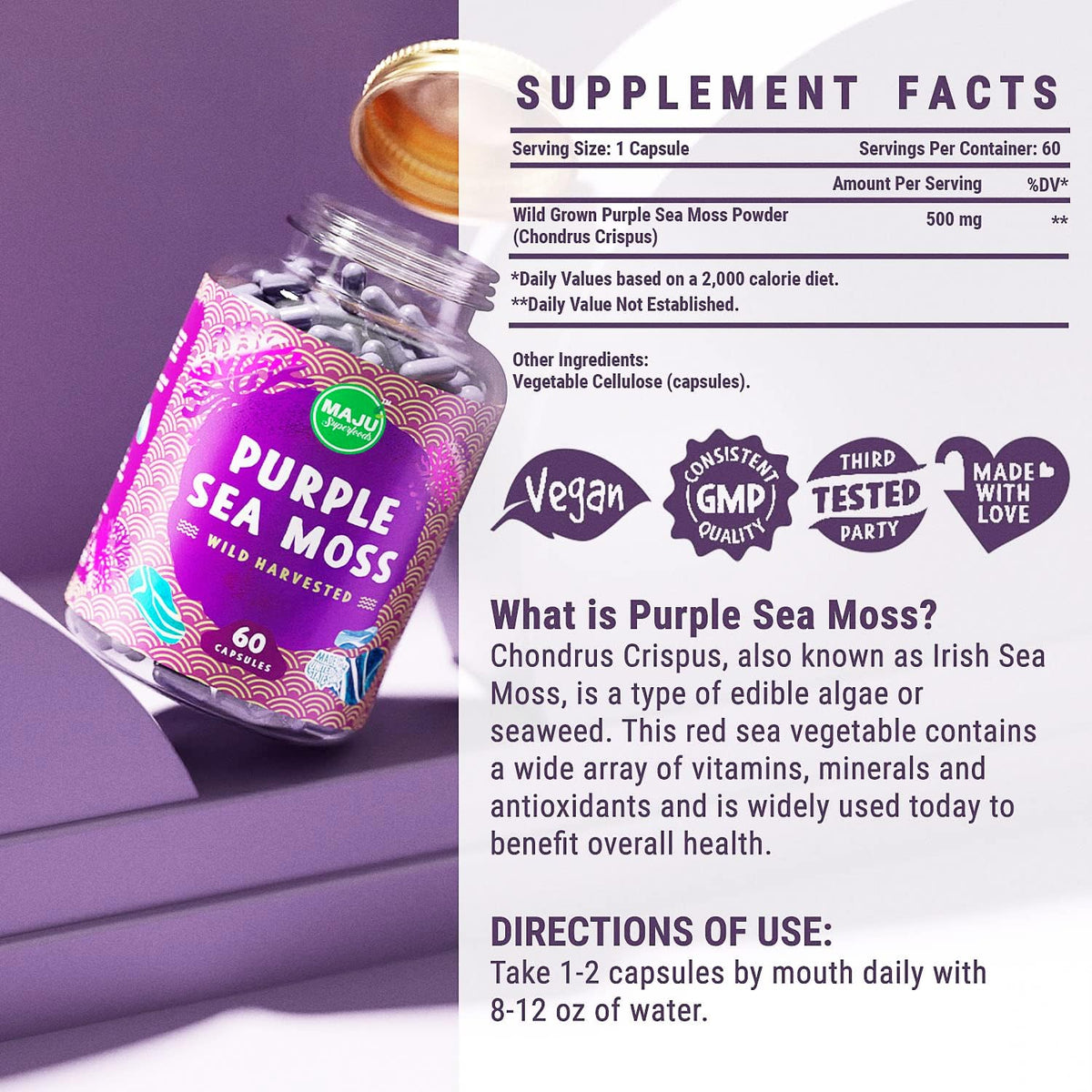MAJU's Powerful Purple Sea Moss Capsules (60 ct) – Extra-Strength Purple Minerals, Wild Harvested Chondrus Crispus - görsel 6