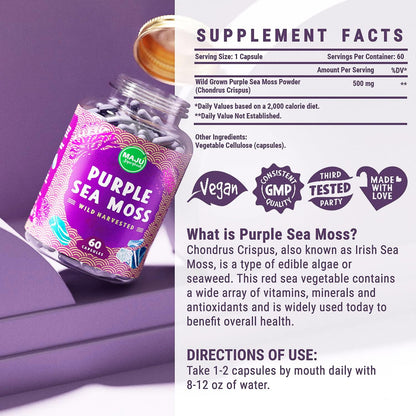MAJU's Powerful Purple Sea Moss Capsules (60 ct) – Extra-Strength Purple Minerals, Wild Harvested Chondrus Crispus