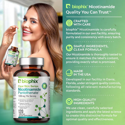 biophix B-3 Nicotinamide Pantothenate 1350 mg 120 Vcaps – Clear Skin Series B5 Pantothenic Acid Natural Flush-Free Nicotinic Amide Niacin – Supports Skin Cell Health